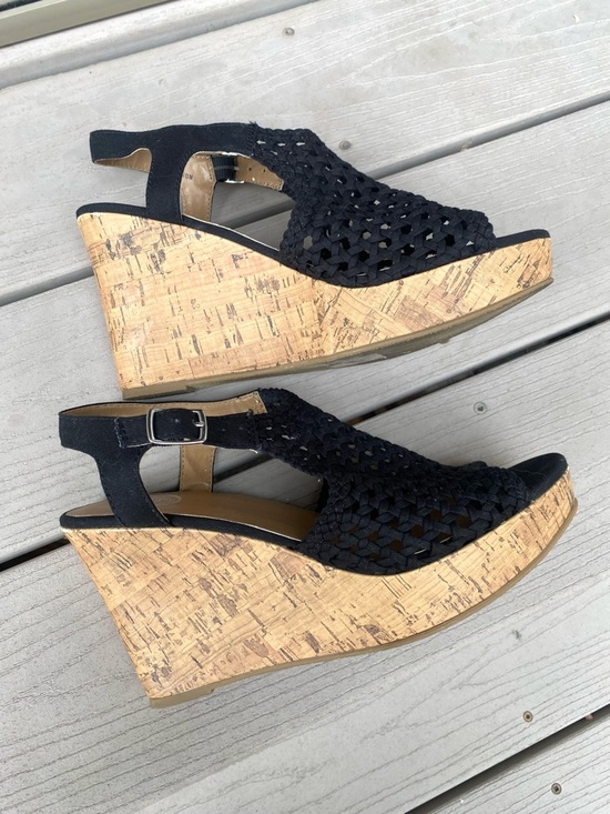 So Authentic American Heritage Shoes - SO Black Woven Slingback Cork Wedge Sandals